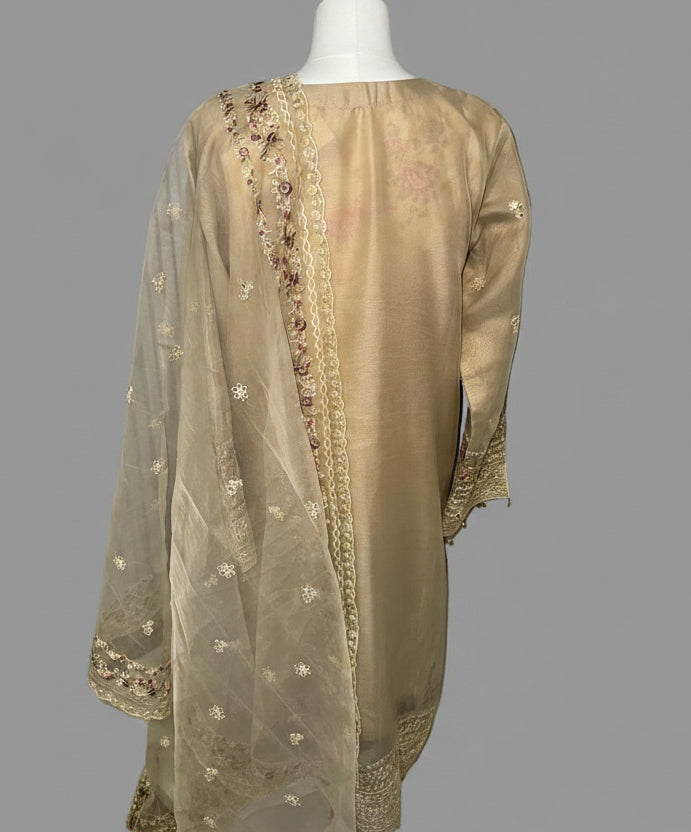 Festive Embroidered Organza 3-Piece Suit – Beige Gold