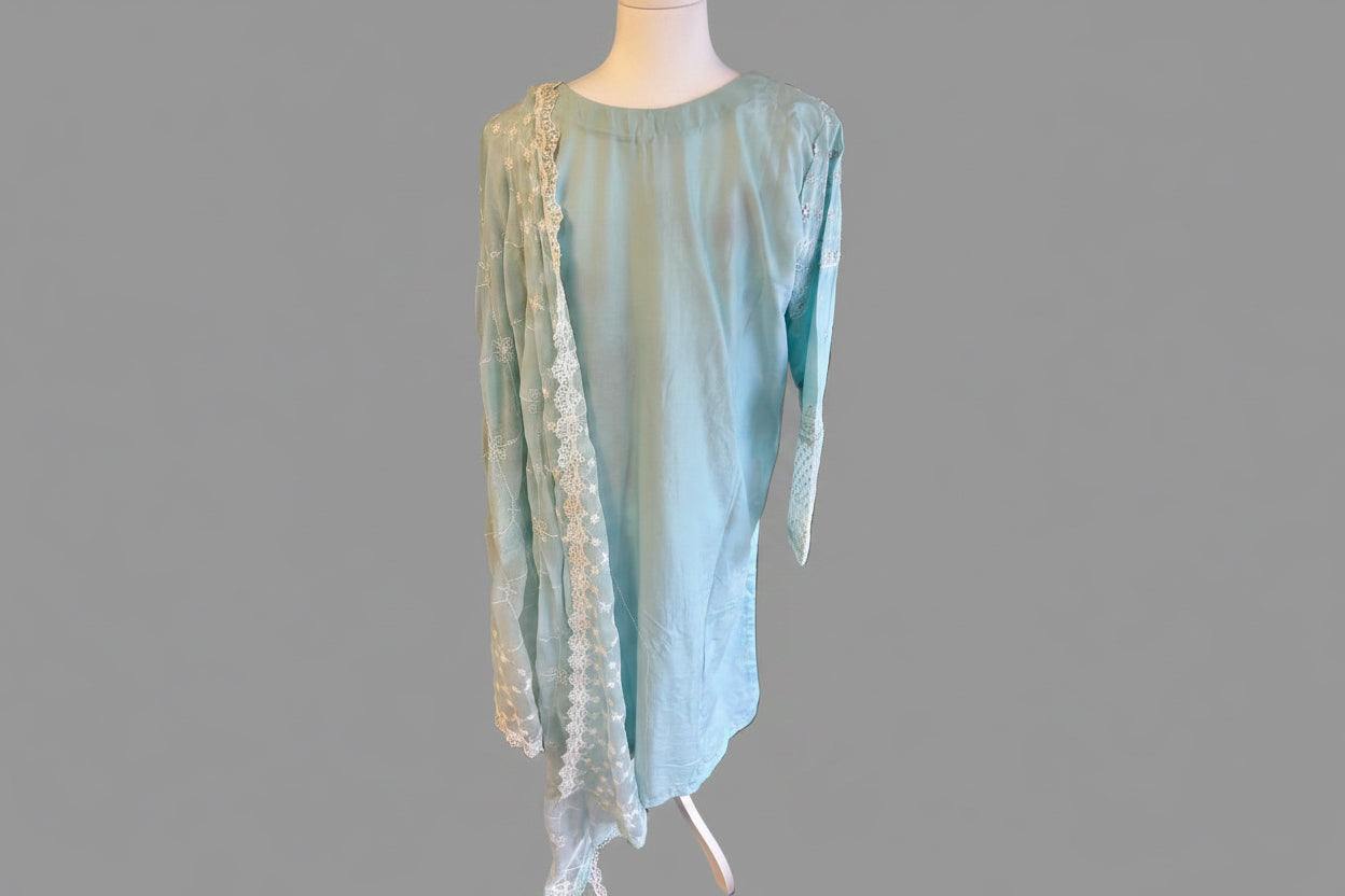 Heavy Chikankari & Mirror-Work 3-Piece Suit – Sky Blue