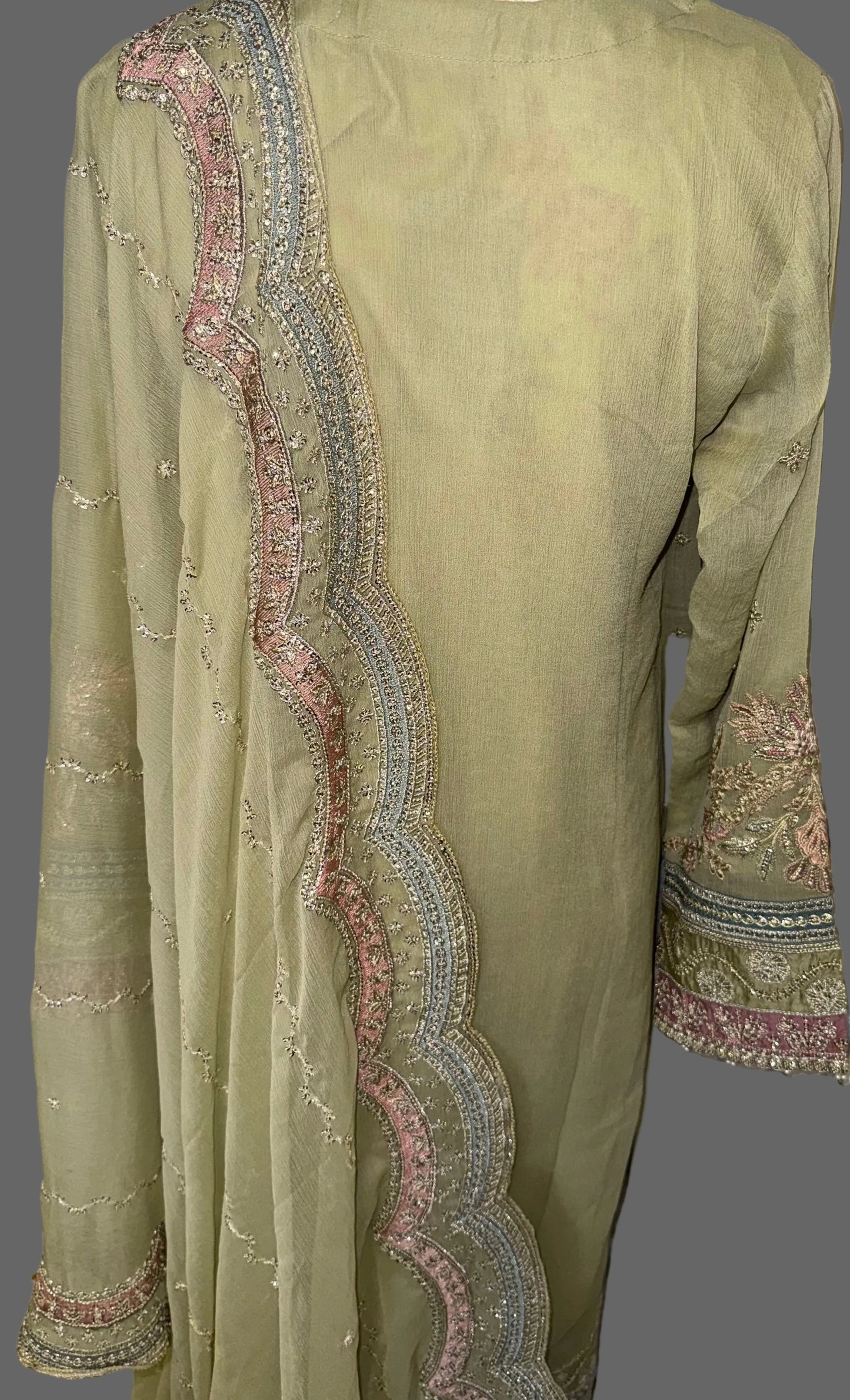 Luxury Heavy Embroidered 3-Piece Suit – Olive & Pastel Pink