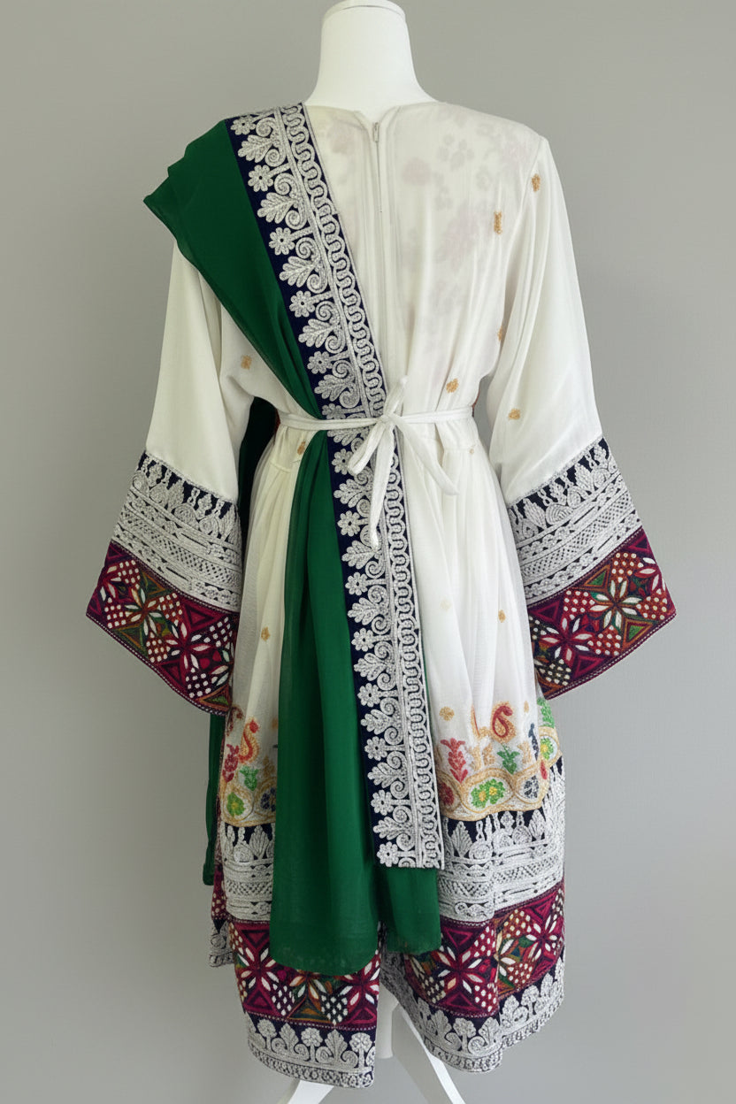 Traditional Afghan Dress Ensemble – Embroidered White & Green 3-Piece Set