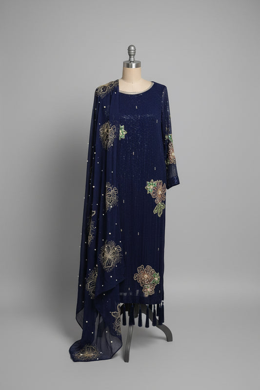 Sequinned Luxury Georgette 3-Piece Suit – Midnight Navy