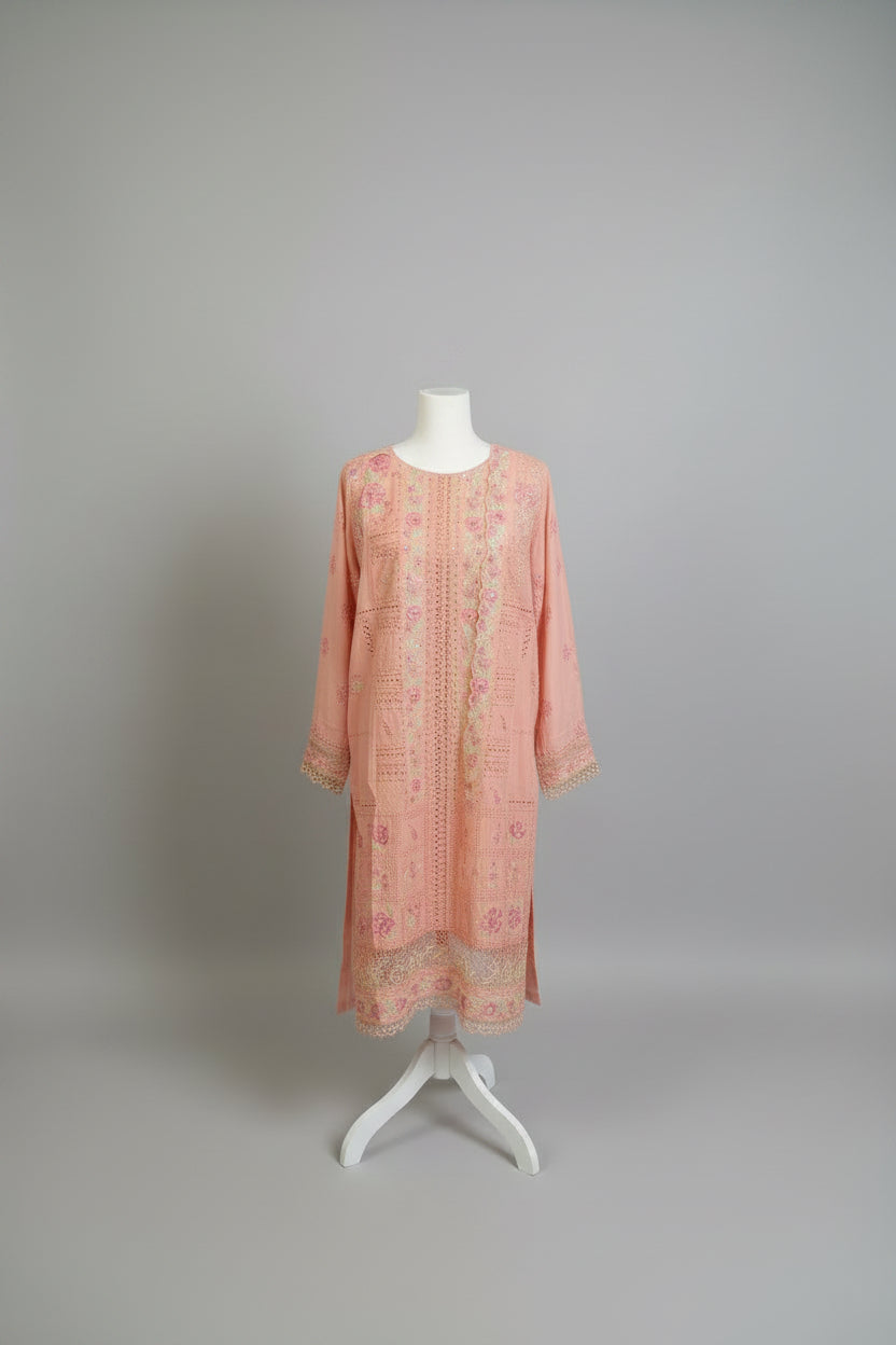 Luxury Embroidered & Schiffli Lawn 3-Piece Suit – Peach Pink