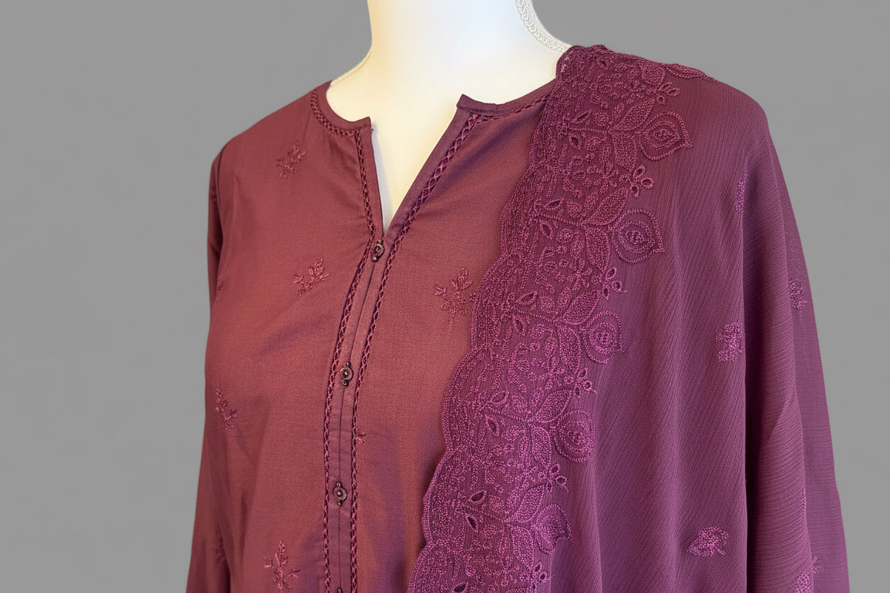 Luxury Tone-on-Tone Embroidered Lawn 3-Piece Suit – Deep Plum