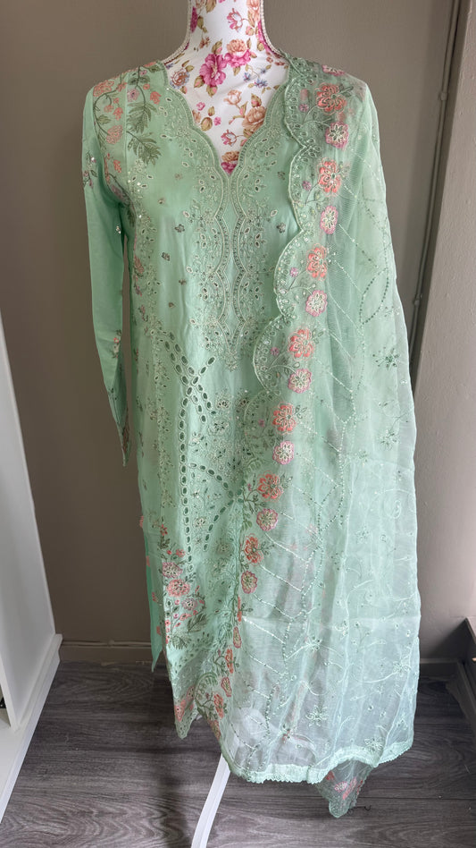 Luxury Embroidered Mint Green Lawn 3-Piece Suit