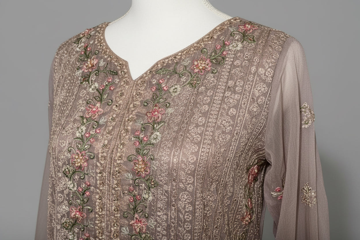 Luxury Heavy Embroidered Chiffon 3-Piece Suit – Mauve Grey