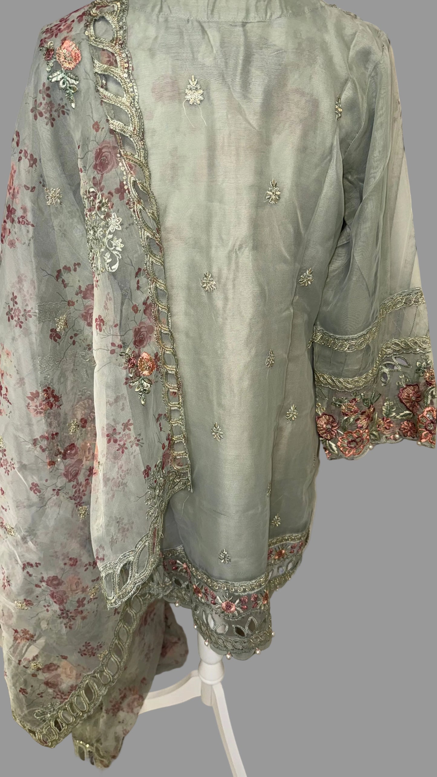 Festive Embroidered Organza 3-Piece Suit – Sage Green & Coral
