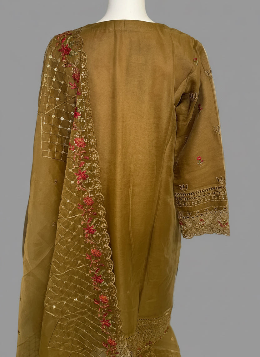 Luxury Heavy Embroidered Organza 3-Piece Suit – Antique Gold