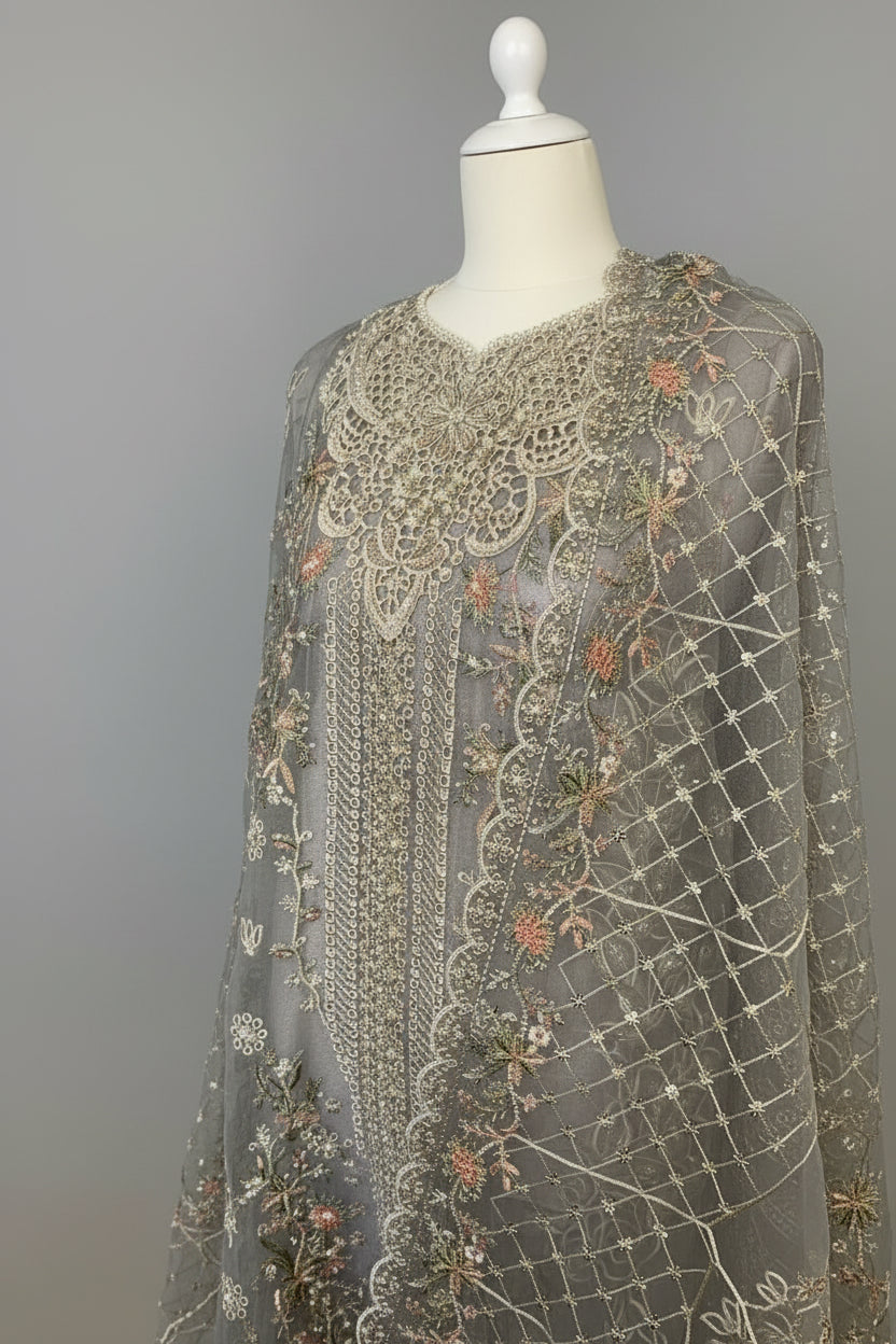 Luxury Heavy Embroidered Organza 3-Piece Suit – Metallic Grey