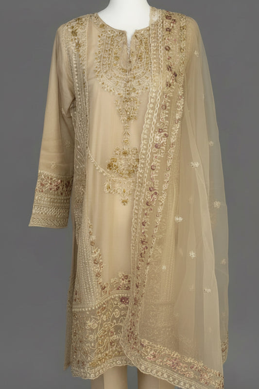 Festive Embroidered Organza 3-Piece Suit – Beige Gold