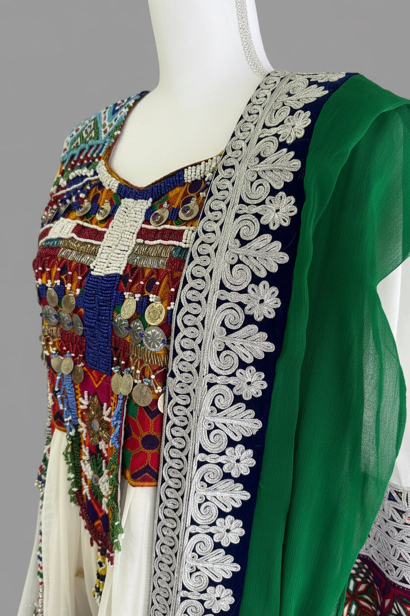 Traditional Afghan Dress Ensemble – Embroidered White & Green 3-Piece Set