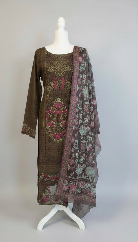 Luxury Cutwork Lawn 3-Piece Suit – Espresso Brown