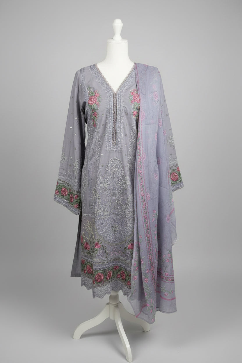 Luxury Embroidered Lawn 3-Piece Suit – Pastel Lilac