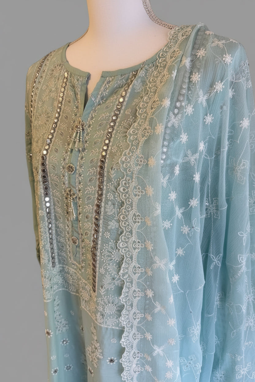 Heavy Chikankari & Mirror-Work 3-Piece Suit – Sky Blue