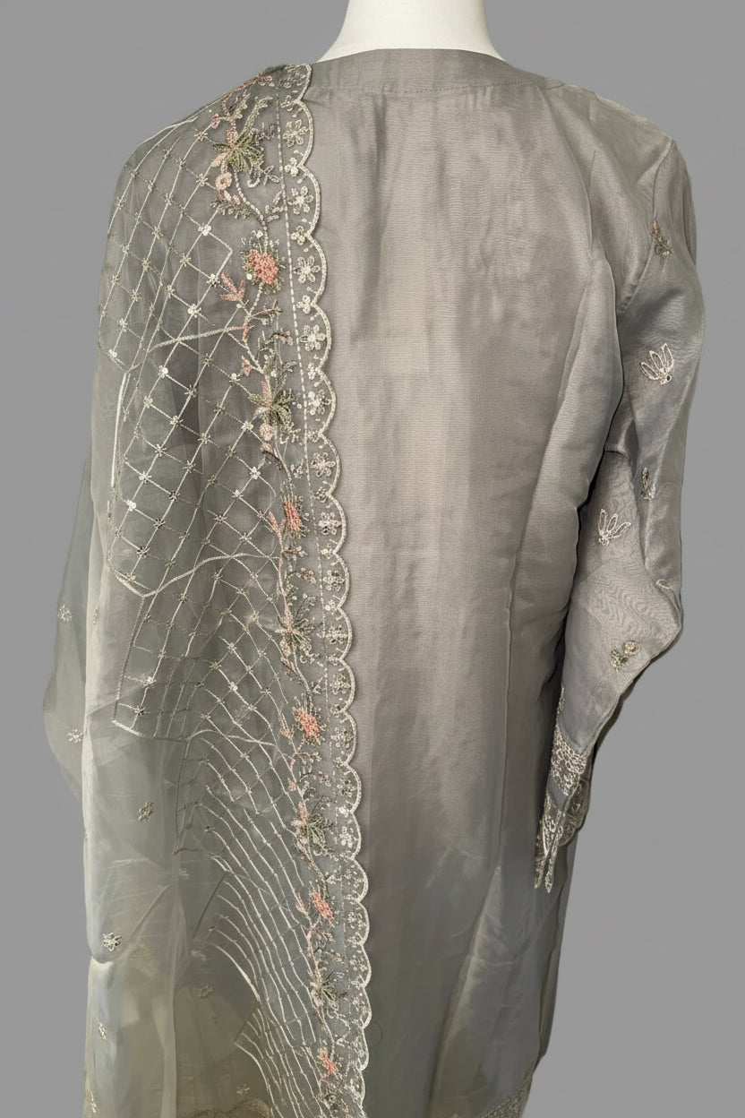 Luxury Heavy Embroidered Organza 3-Piece Suit – Metallic Grey