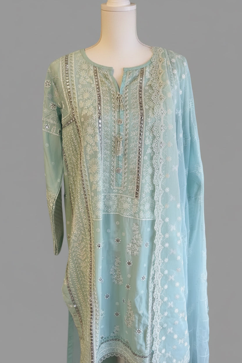 Heavy Chikankari & Mirror-Work 3-Piece Suit – Sky Blue