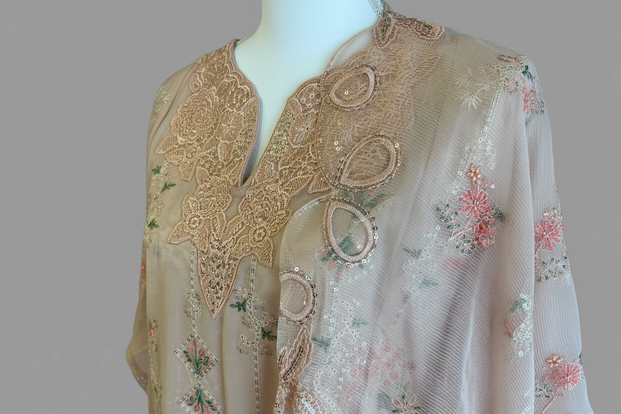 Festive Heavy Embroidered Organza 3-Piece Suit – Pastel Peach