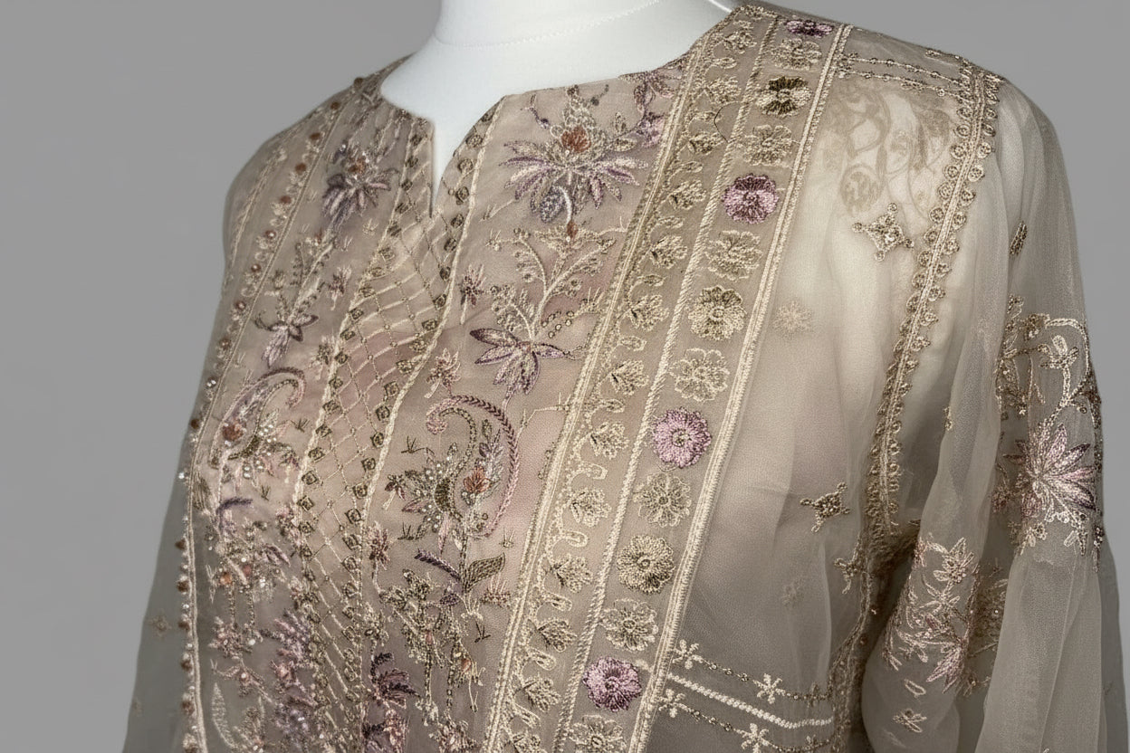Festive Heavy Embroidered Organza 3-Piece Suit – Ivory & Blush