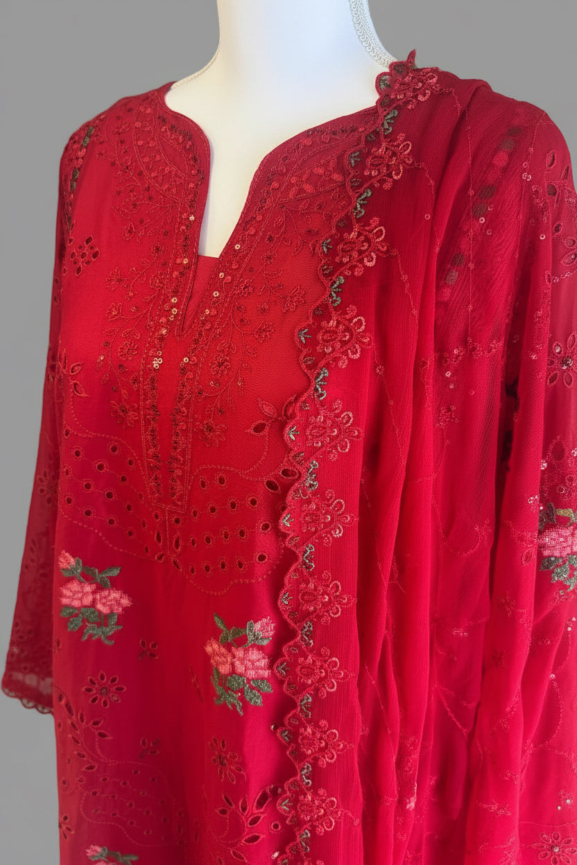 Luxury Chikankari Cutwork Lawn 3-Piece Suit – Crimson Red