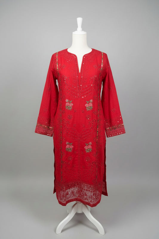 Luxury Chikankari Cutwork Lawn 3-Piece Suit – Crimson Red