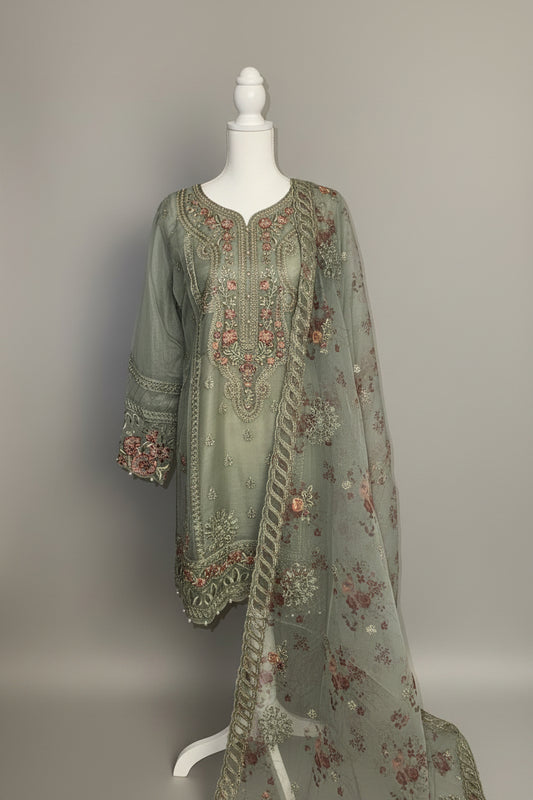 Festive Embroidered Organza 3-Piece Suit – Sage Green & Coral