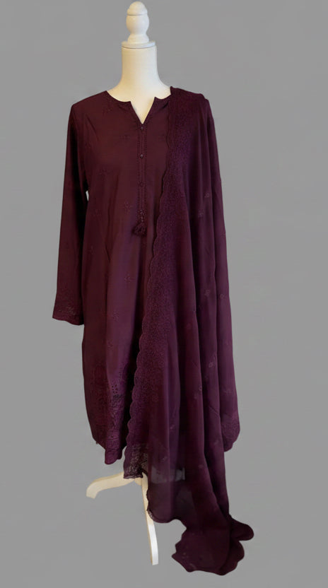 Luxury Tone-on-Tone Embroidered Lawn 3-Piece Suit – Deep Plum