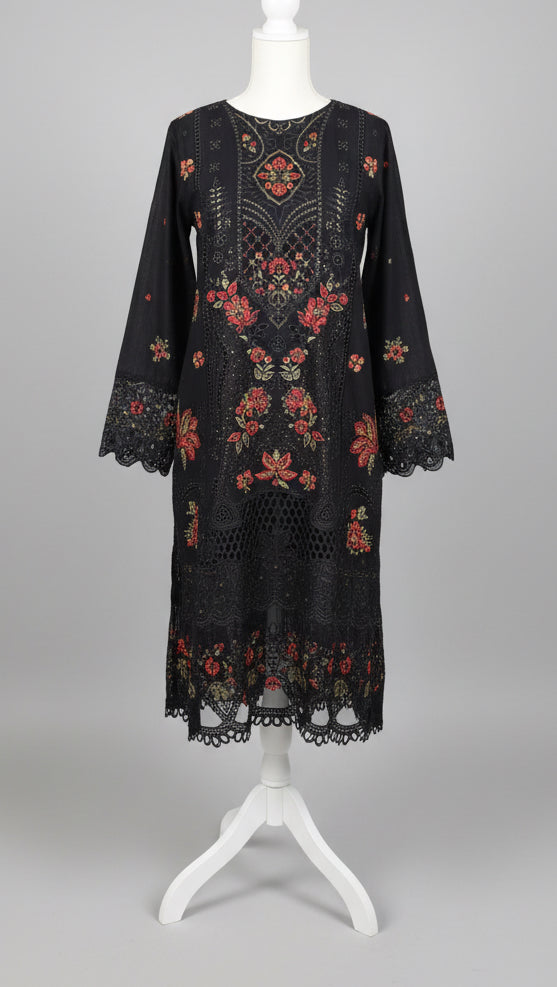 Luxury Embroidered & Cutwork Lawn 3-Piece Suit – Midnight Black