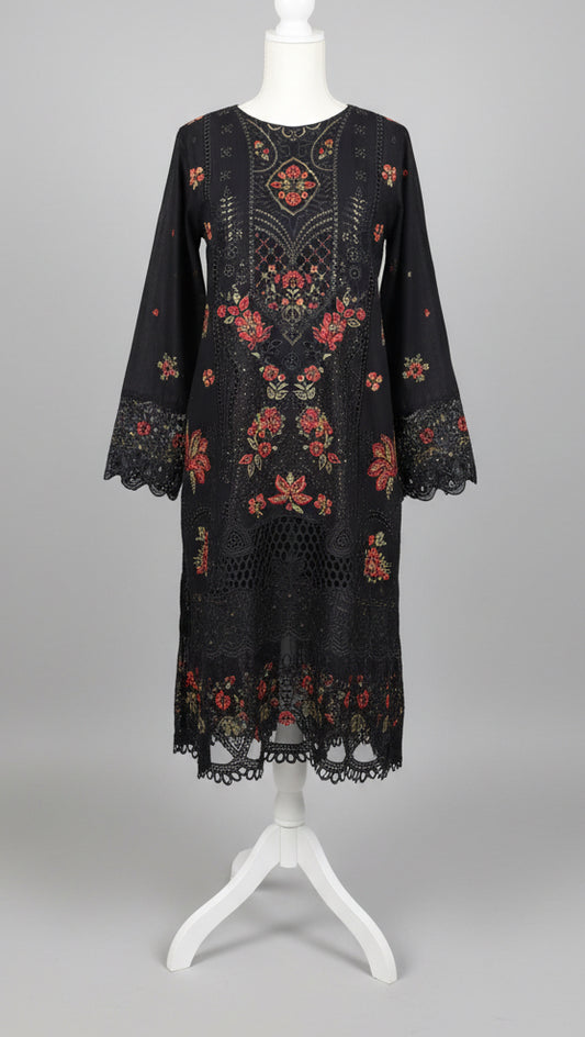 Luxury Embroidered & Cutwork Lawn 3-Piece Suit – Midnight Black