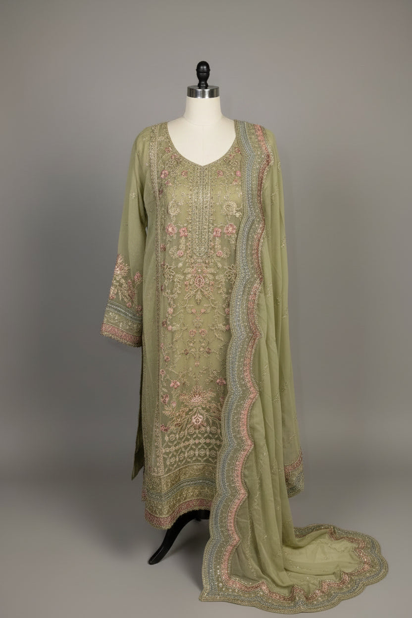 Luxury Heavy Embroidered 3-Piece Suit – Olive & Pastel Pink
