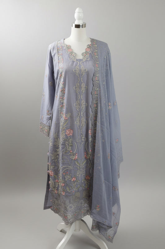 Festive Heavy Embroidered Chiffon 3-Piece Suit – Lilac & Peach