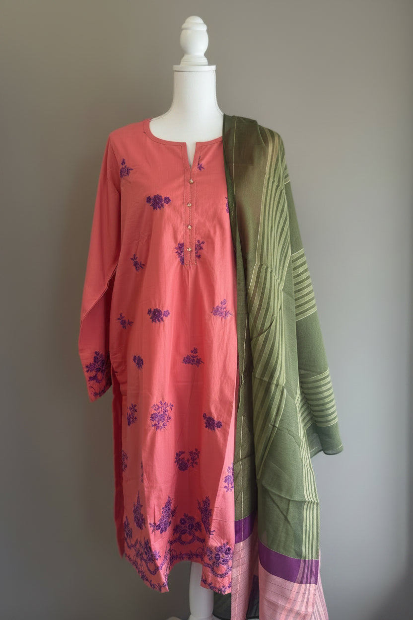 Festive Luxury 3-Piece Suit – Vibrant Coral & Olive Green