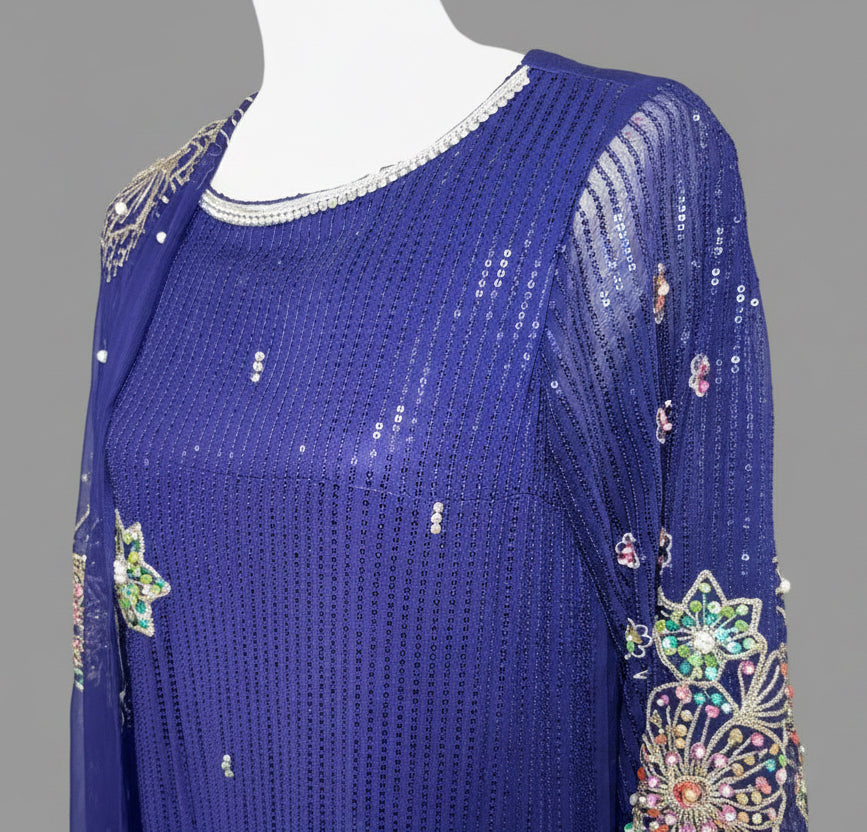 Sequinned Luxury Georgette 3-Piece Suit – Midnight Navy