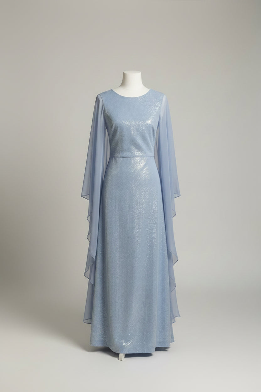 Adira Cape-Effect Sequined Gown – Sky Blue