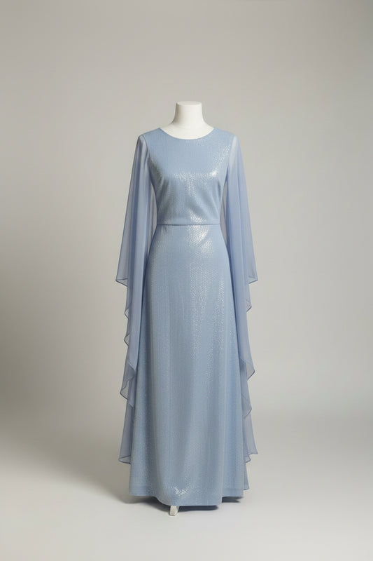 Adira Cape-Effect Sequined Gown – Sky Blue
