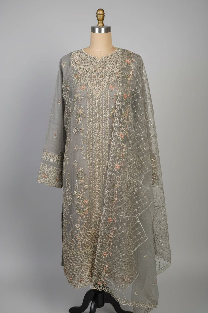 Luxury Heavy Embroidered Organza 3-Piece Suit – Metallic Grey