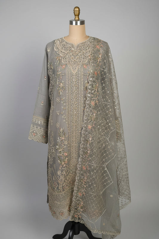 Luxury Heavy Embroidered Organza 3-Piece Suit – Metallic Grey
