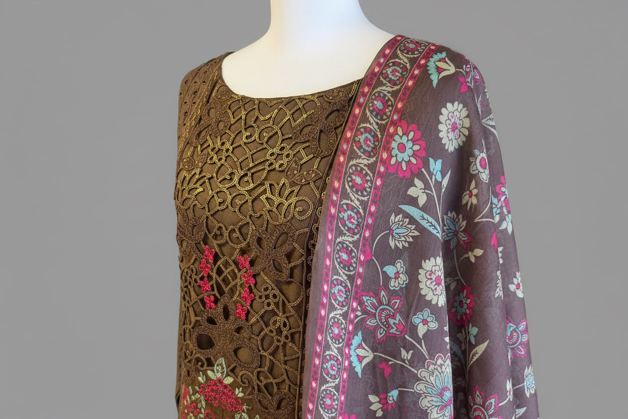 Luxury Cutwork Lawn 3-Piece Suit – Espresso Brown