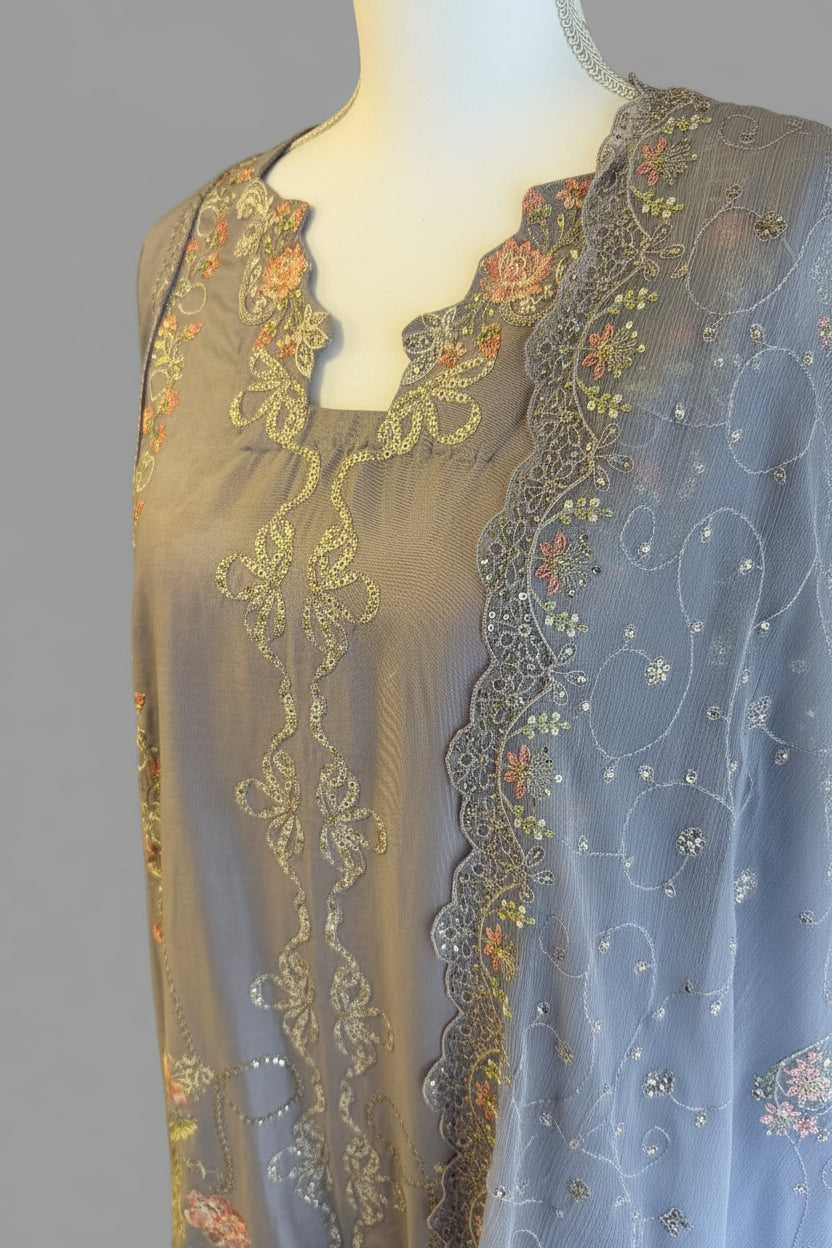 Festive Heavy Embroidered Chiffon 3-Piece Suit – Lilac & Peach