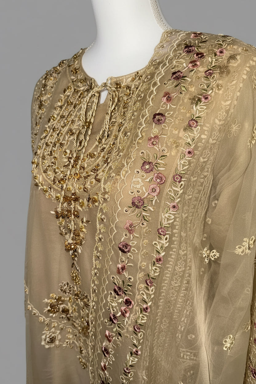 Festive Embroidered Organza 3-Piece Suit – Beige Gold