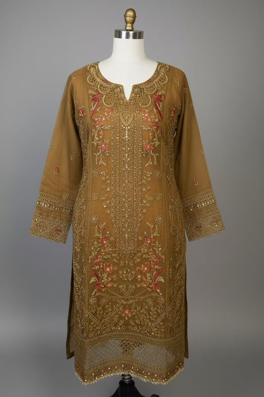 Luxury Heavy Embroidered Organza 3-Piece Suit – Antique Gold