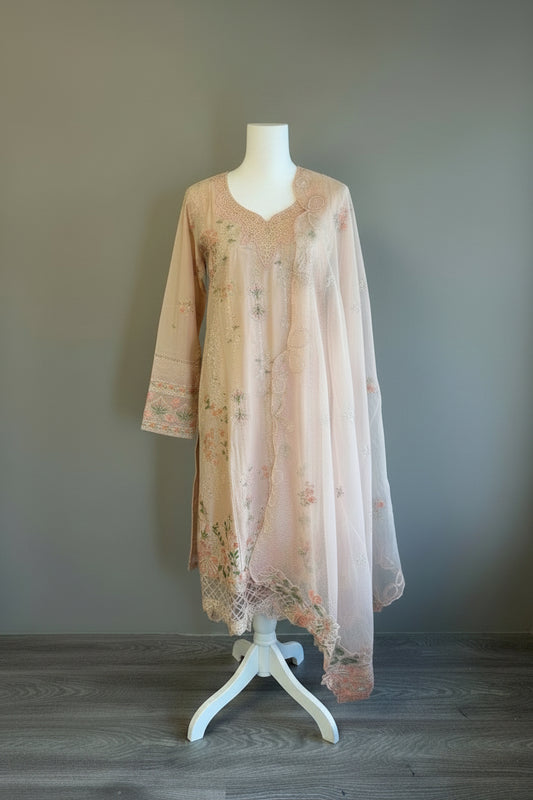 Festive Heavy Embroidered Organza 3-Piece Suit – Pastel Peach