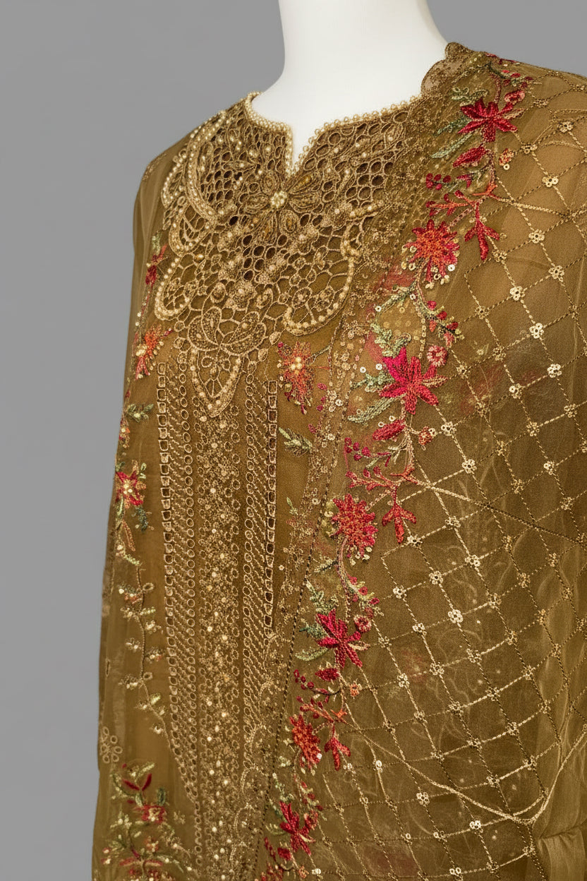 Luxury Heavy Embroidered Organza 3-Piece Suit – Antique Gold