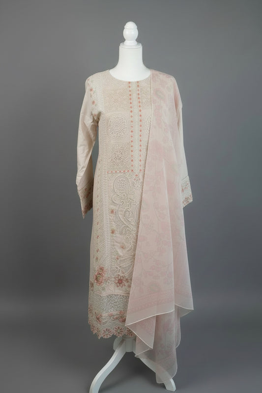 Premium Embroidered Lawn 3-Piece Suit – Pastel Peach