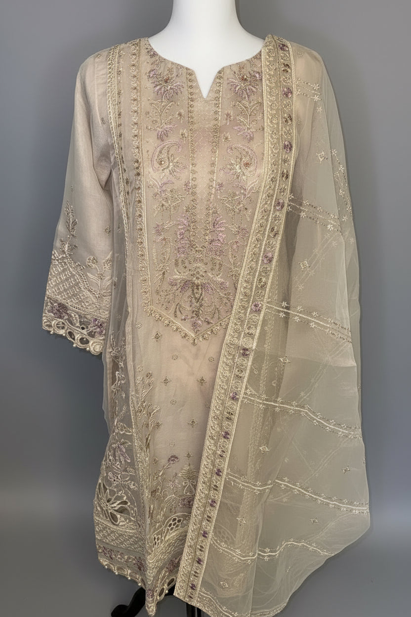 Festive Heavy Embroidered Organza 3-Piece Suit – Ivory & Blush