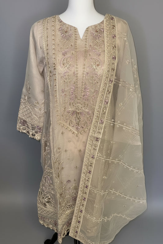 Festive Heavy Embroidered Organza 3-Piece Suit – Ivory & Blush