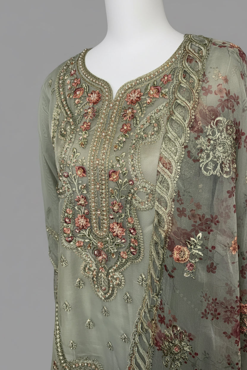 Festive Embroidered Organza 3-Piece Suit – Sage Green & Coral