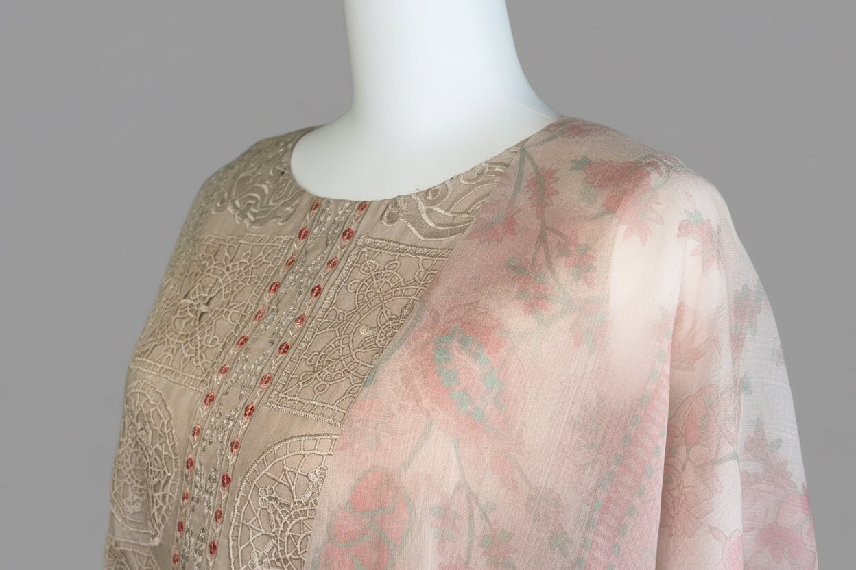 Premium Embroidered Lawn 3-Piece Suit – Pastel Peach