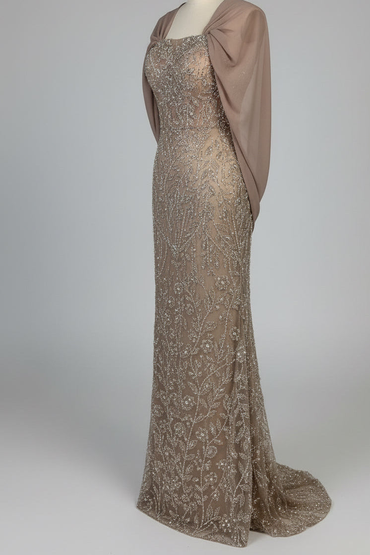 Champagne Beaded Evening Gown