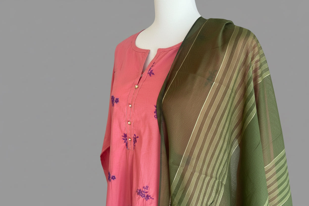 Festive Luxury 3-Piece Suit – Vibrant Coral & Olive Green