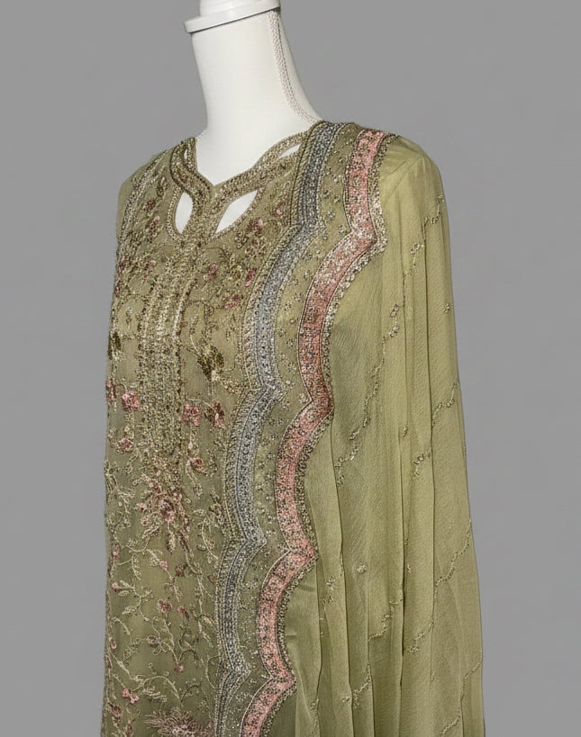Luxury Heavy Embroidered 3-Piece Suit – Olive & Pastel Pink