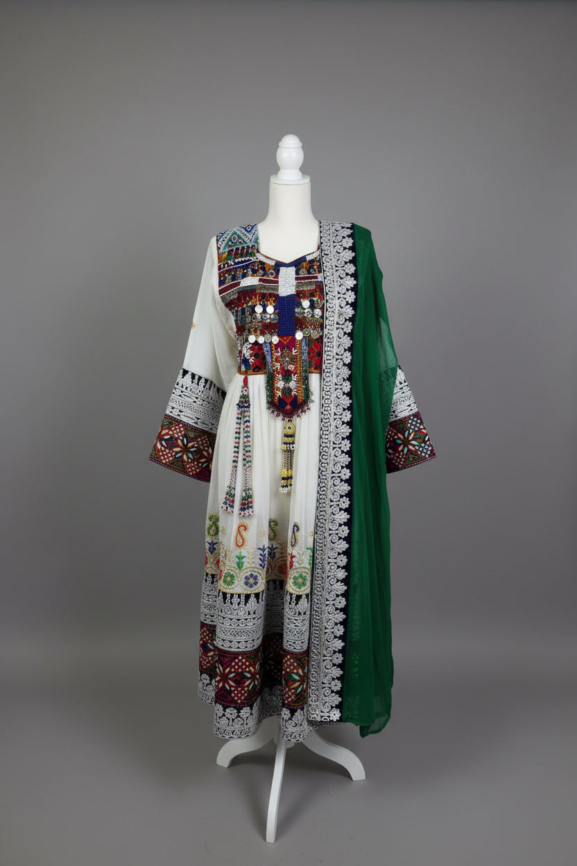 Traditional Afghan Dress Ensemble – Embroidered White & Green 3-Piece Set